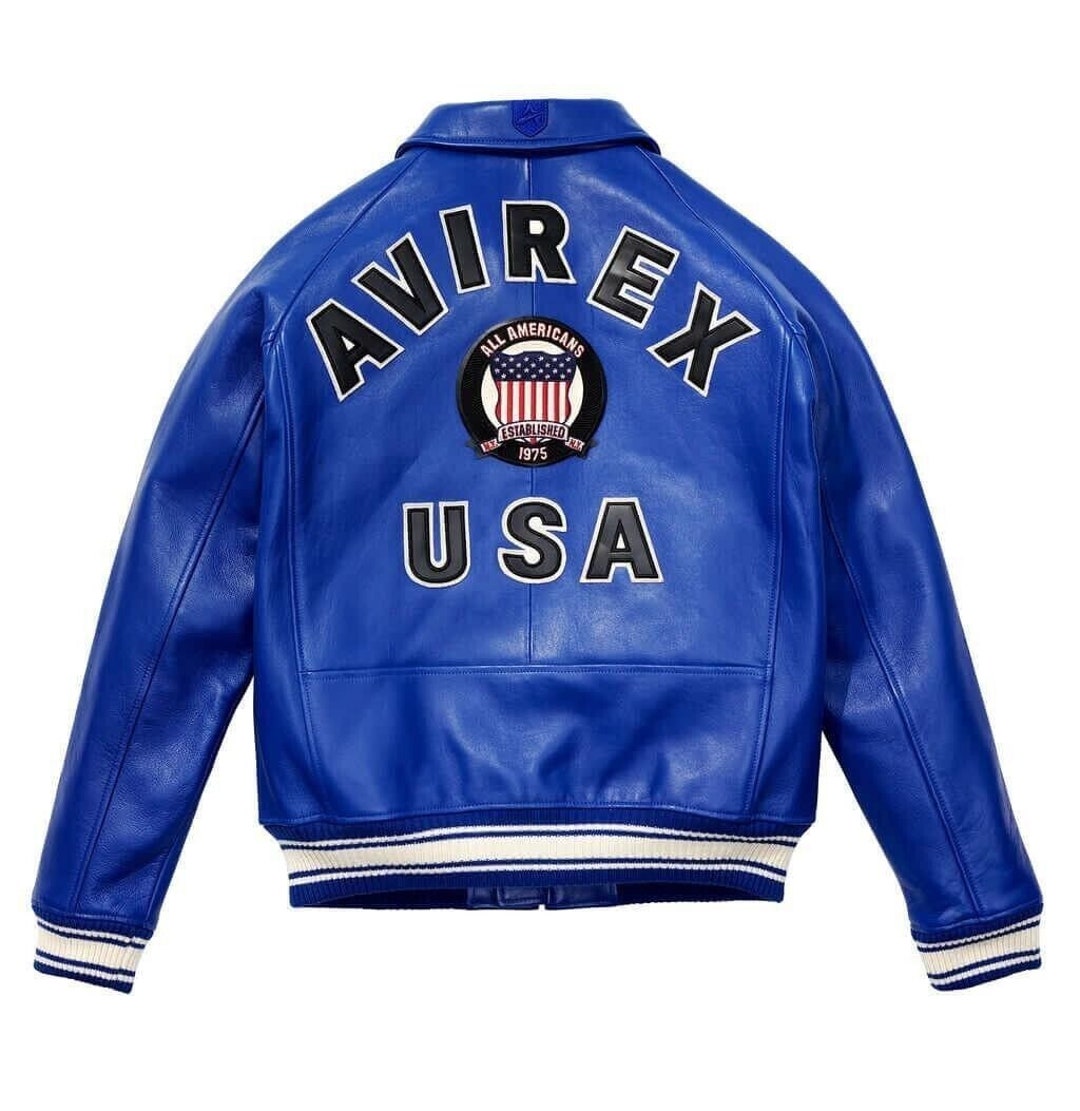 Men's Blue Avirex Real Leather Bomber Jacket American - Etsy