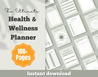 May include: A digital planner with a green background and the text "The Ultimate Health & Wellness Planner 100+ Pages Instant download". The planner includes pages for mood tracking, goal setting, vision boards, and more.