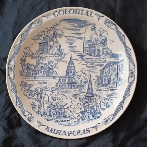 Vintage Colonial Annapolis Vernon Kilns Blue Transferware Commemorative Plate FREE SHIPPING