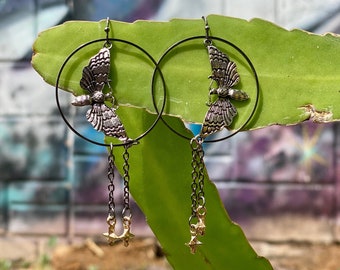 Moth dangle hoop earrings