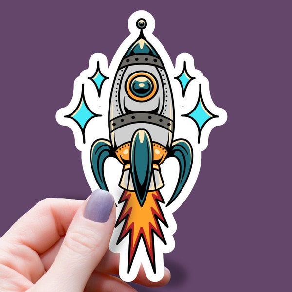 Old School Rocket and Flames | Vintage Retro  space travel | American Traditional Tattoo Style - waterproof sticker by Buckle Up Betsy