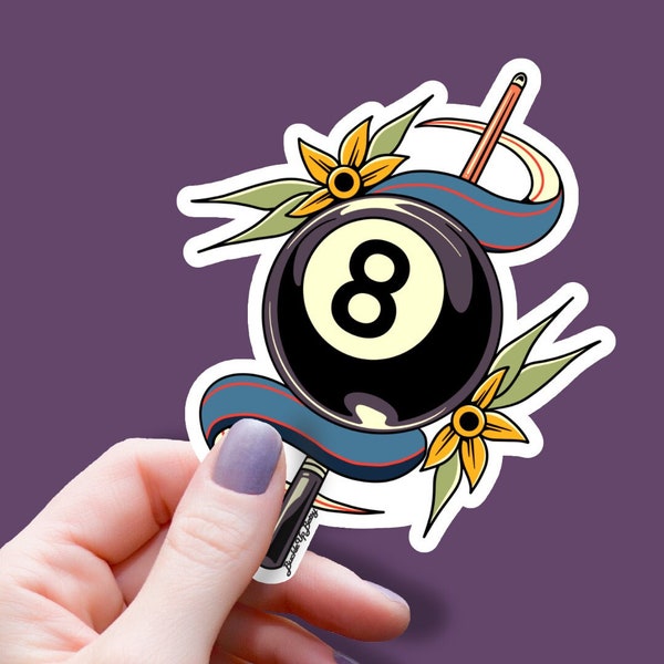 Vintage Billiard Eight Ball | floral 8 ball and pool cue American Traditional Tattoo style - Waterproof vinyl matte Buckle Up Betsy sticker