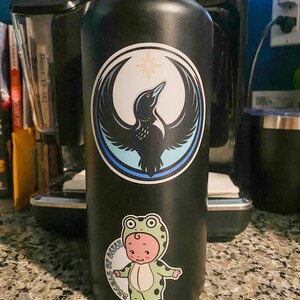 May include: A black water bottle with two stickers. One sticker features a bird with outstretched wings inside a circle. The other sticker shows a baby in a frog costume with the text "Buckles of Betsy".