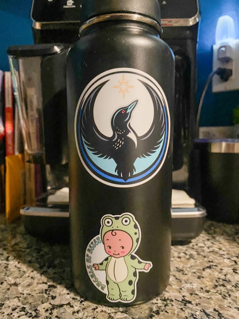 May include: Black water bottle with two stickers. One sticker features a black bird with outstretched wings and a starburst. The other sticker is a baby in a green frog costume with the text "DUCKLES BY BETSY".