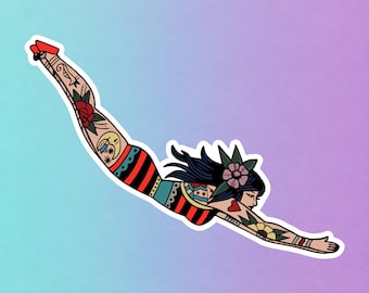 May include: A die-cut sticker featuring a diving figure with dark hair, a flower accessory, and red shoes. The figure wears a striped swimsuit and displays multiple tattoos, including a crescent moon, a red heart, and floral designs.
