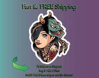 May include: A sticker featuring a person with dark hair and a red rose tattoo on their shoulder, wearing a teal and black Hannya mask on their head. The person has blue eyes, red lips, and a small diamond tattoo under one eye. The design is outlined in white.