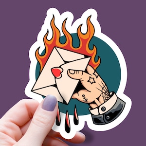 Love on Fire, tattooed hand and love letter-American Traditional Tattoo flash Style-waterproof vinyl sticker by Buckle Up Betsy made in USA