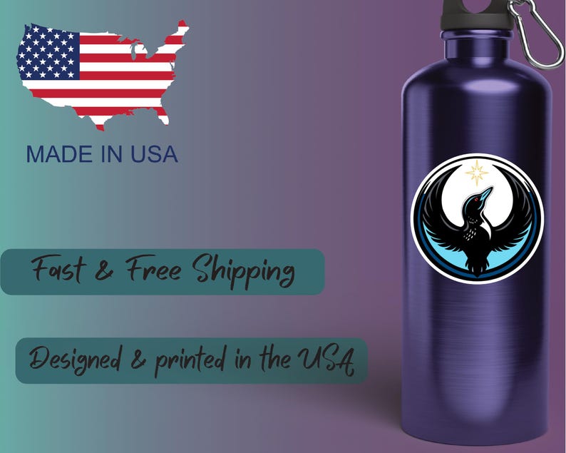 May include: A dark blue water bottle with a black and white graphic of a bird with outstretched wings and a star. The bottle has a black cap and a silver carabiner clip. The image also includes the text "Made in USA".