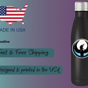 May include: Black insulated water bottle with a silver cap and a circular sticker featuring a black bird with outstretched wings, a white crescent moon, and a yellow star. The bottle has a design that was designed and printed in the USA.