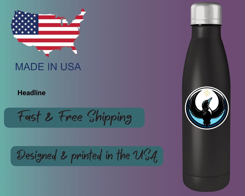 May include: Black insulated water bottle with a silver cap and a circular sticker featuring a black bird with outstretched wings, a white crescent moon, and a yellow star. The bottle has a design that was designed and printed in the USA.