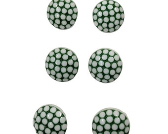 Vintage Buttons White Green Polka Dot Domed Round Self Shank 1/2" Lotx 6 Plastic