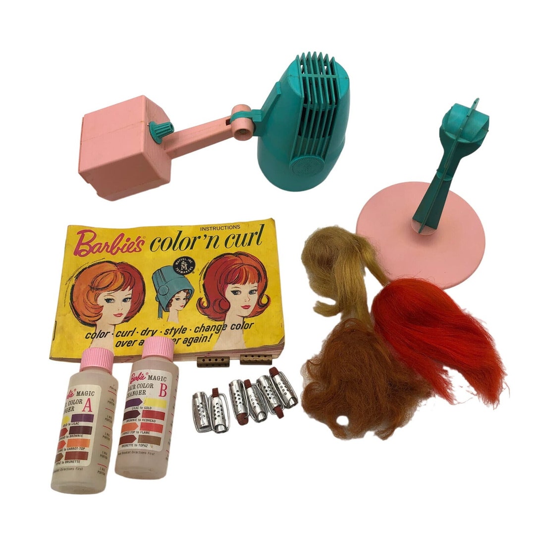 Barbie 1964 Color N Curl Playset Hair Salon Wigs Bottles Curlers Dryer ...