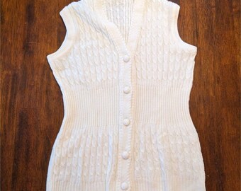 Vintage 70s Ladies Cable Mixed Knit White Button Up Sweater Vest EUC sz L/XL