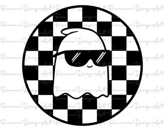 May include: A black and white checkered circle with a ghost wearing sunglasses in the center. The ghost is white and has a simple, cartoon-like design.