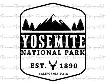 May include: Black and white graphic design of a Yosemite National Park emblem. The emblem features a mountain range, pine trees, and the text "Yosemite National Park Est. 1890 California. U.S.A."
