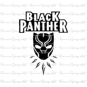 May include: Black and white graphic design featuring the words "BLACK PANTHER" in bold white letters with a black panther mask below. The mask has a black background with white lines and a white nose.