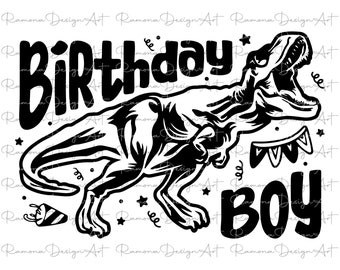May include: Black and white illustration of a dinosaur with the text "Birthday Boy" and stars.