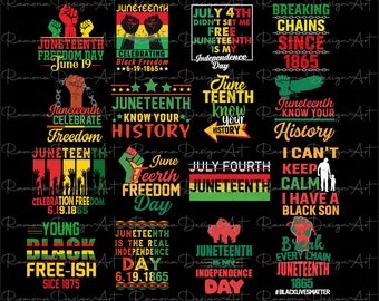 May include: A collection of Juneteenth-themed graphic designs on a black background. The designs feature text and illustrations in red, green, yellow, and black, celebrating freedom and history. Key phrases include "Freedom Day" and "Know Your History."
