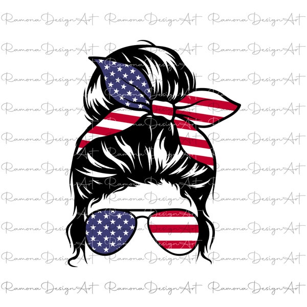 American Mama PNG, Cut File for Cricut, Sunglasses American Flag, Patriotic Messy Bun PNG, 4th of July Shirt Design,Sublimation PNG, Jpg, Ai