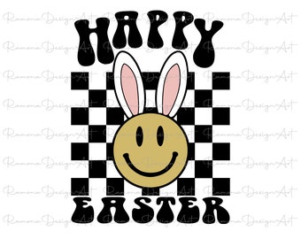 Happy Easter Svg, Smiley Face Svg, Bunny Ear Smiley Face Svg, Easter Png, Checkers Background Svg, Easter Bunny png, Svg for Cricut