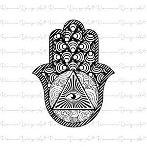 Puede incluir: Ilustración en blanco y negro de una mano de Hamsa con patrones intrincados. El diseño presenta un ojo central dentro de un triángulo, rodeado de motivos arremolinados y circulares. La obra de arte es un diseño digital.