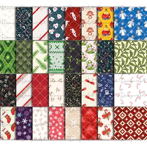 May include: A set of 24 digital paper patterns featuring various Christmas themes, including Santa Claus, candy canes, snowflakes, and holly. The patterns are in a variety of colors, including red, green, white, and blue.