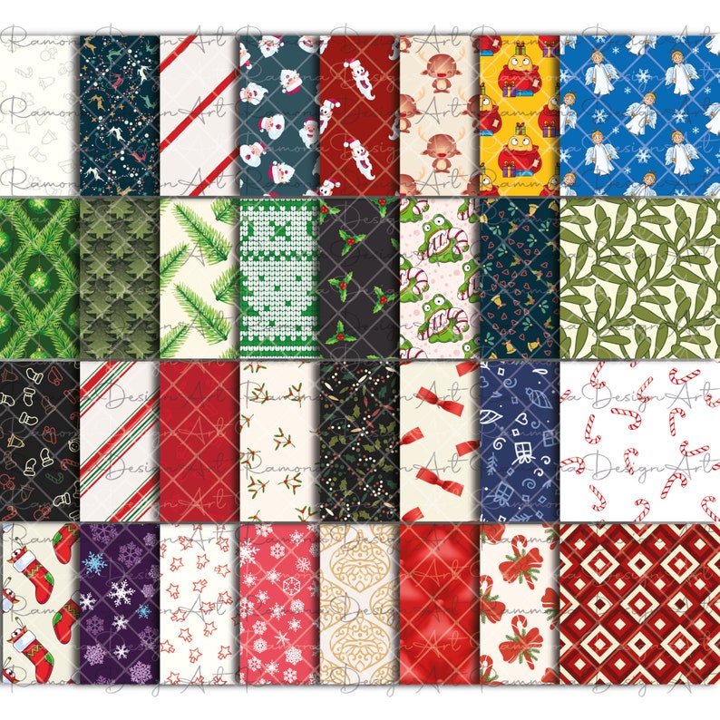 May include: A set of 24 digital paper patterns featuring various Christmas themes, including Santa Claus, candy canes, snowflakes, and holly. The patterns are in a variety of colors, including red, green, white, and blue.