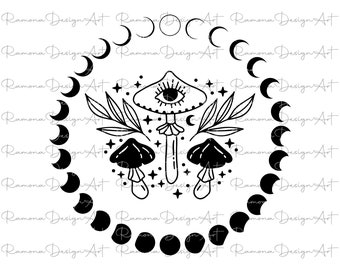 Moon Mushroom SVG, Boho Floral Moon Cut File for Cricut Silhouette, Bough, Crescent Moon, Eye Svg, Hippie Celestial SVG Png Print