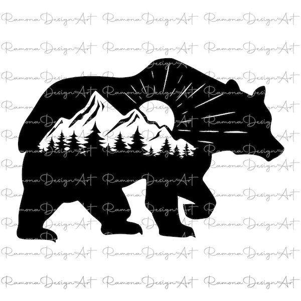 Bear SVG File, Bear in the Woods, Bear Mountain Svg, Mountains svg, Sun Svg, Camping svg, Pine Trees, Deer SVG Buck Vinyl Decal Design, png