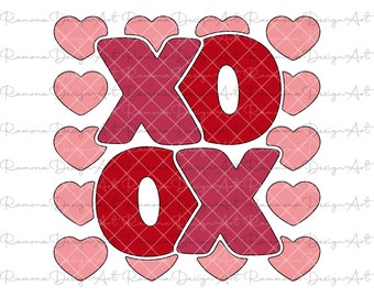 May include: Red and pink XOXO graphic with a border of pink hearts.