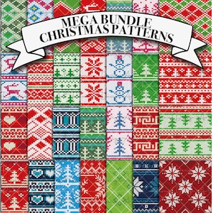 May include: A set of 24 digital Christmas patterns featuring various festive designs, including snowflakes, trees, and snowmen. The patterns are in a knit style and are perfect for crafting projects.