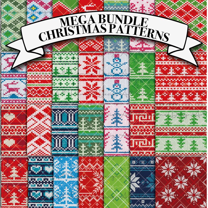 May include: A set of 24 digital Christmas patterns featuring various festive designs, including snowflakes, trees, and snowmen. The patterns are in a knit style and are perfect for crafting projects.