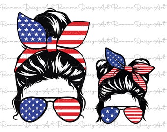 4th of July Mama PNG, Patriotic Messy Bun, Sunglasses, American Flag (Digital Files)