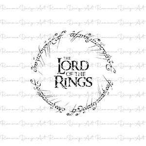 May include: Black and white graphic design of the One Ring from The Lord of the Rings. The inscription "One Ring to rule them all, One Ring to find them, One Ring to bring them all and in the darkness bind them" is written in Elvish around the ring.