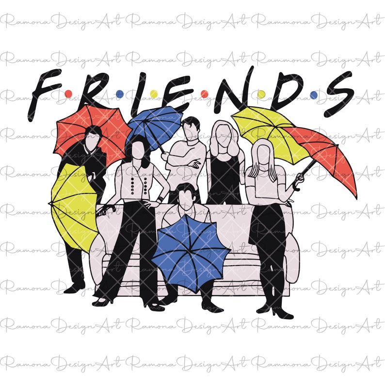 May include: Illustration featuring the word "FRIENDS" with colorful dots. The image depicts six stylized figures holding umbrellas in various colors, including red, yellow, and blue, against a white background.