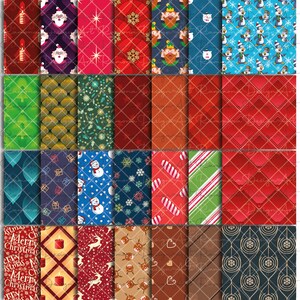 May include: A set of 36 digital paper patterns featuring various Christmas themes, including snowflakes, candy canes, reindeer, elves, and ornaments. The patterns are in a variety of colors, including red, green, blue, and gold.