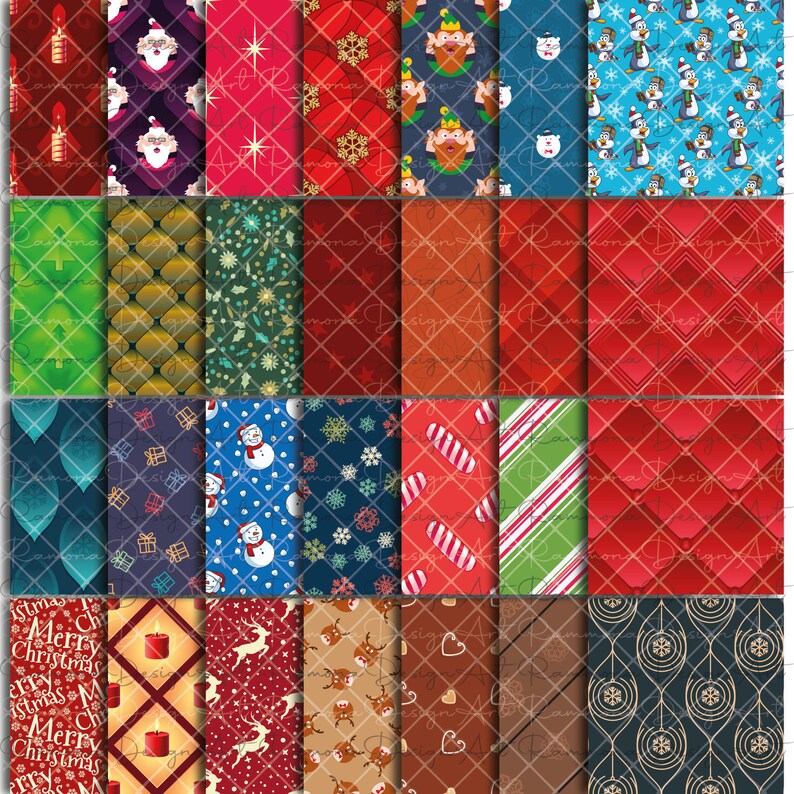 May include: A set of 36 digital paper patterns featuring various Christmas themes, including snowflakes, candy canes, reindeer, elves, and ornaments. The patterns are in a variety of colors, including red, green, blue, and gold.