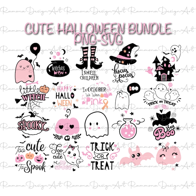 Puede incluir: Una colecci&oacute;n de gr&aacute;ficos de Halloween lindos en rosa, negro y blanco. Los dise&ntilde;os incluyen fantasmas, calabazas, sombreros de bruja y frases como "Trick or Treat" y "Too Cute to Spook". Tambi&eacute;n est&aacute; presente el texto "CUTE HALLOWEEN BUNDLE PNG-SVG".