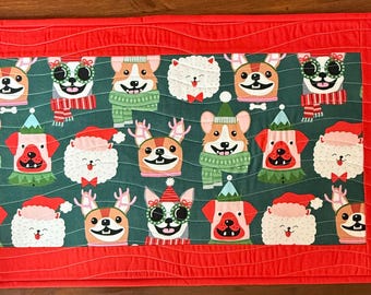 Christmas Dogs Table Runner | Holiday Theme  Runner | Quilted Runner | Table Topper |  Quilted Runner | Modern Table Runner |Christmas Decor