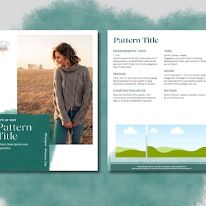 May include: A knitting pattern template with a green background and a photo of a woman wearing a knitted sweater. The template includes sections for pattern title, type of knit, yarn, needles, gauge, construction notes, and notions.