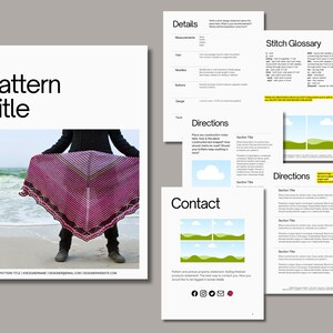 May include: A woman holding a pink and brown striped shawl on a beach. The image is part of a knitting pattern, with additional pages detailing measurements, stitch glossary, and directions. The pattern title is displayed prominently.
