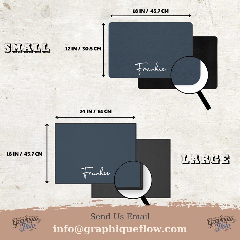 May include: Two rectangular desk mats, one small (12 in x 18 in) and one large (24 in x 18 in), in navy blue and black. The name "Frankie" is written in white script on the navy mats. The image includes the text "SMALL" and "LARGE".