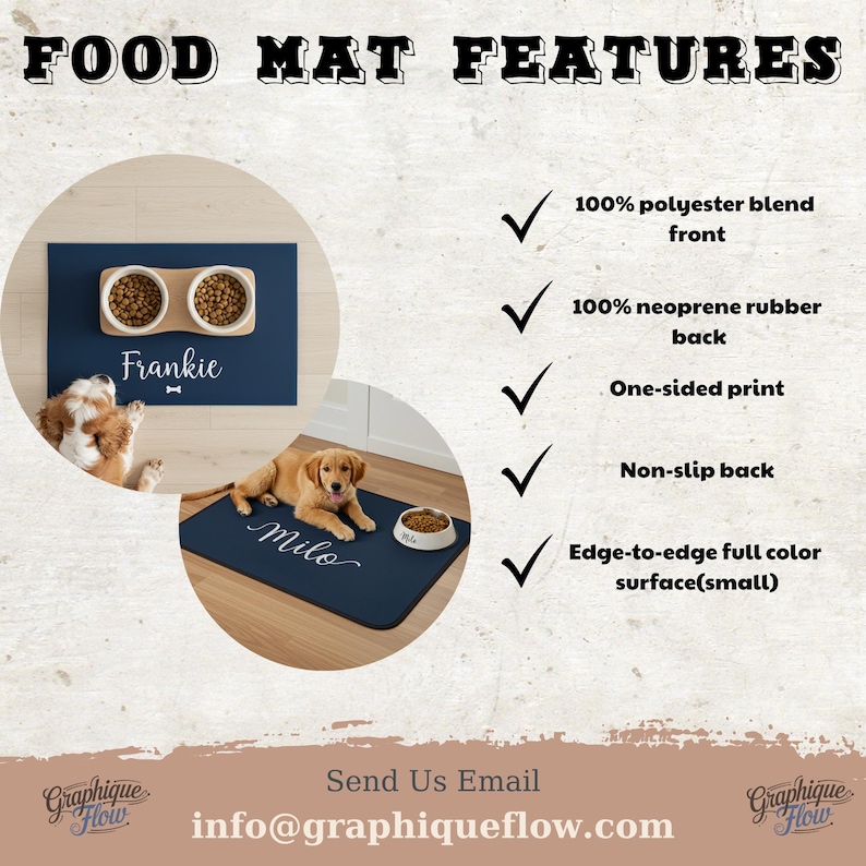 May include: Navy blue pet food mats with the names "Frankie" and "Milo" in white script. The mats have a non-slip back and are made of a polyester blend front and neoprene rubber back. The image also shows the features of the mat.