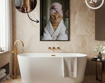 Funny Pet Portrait in Bathroom, Custom Dog or Cat in Bathrobe Art, Hilarious Spa Themed Pet, Dog Reading Newspaper, Pet in Bathtub,Pet Gifts