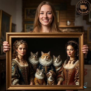 May include: A framed portrait featuring two women and four pets dressed in Renaissance attire. The pets include three cats and a dog, all wearing ruffled collars. The frame is gold, and the artwork has a dark background.