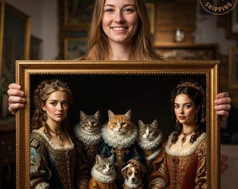 Multiple Royal Pet Portrait | Custom Royal Portrait | 4 Pets and 2 People in Baroque Style | Personalized Royal Family Portrait