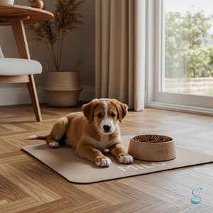 May include: A tan dog bed with the name "MILO" printed on it, with a matching food bowl. A puppy with brown and white fur is lying on the bed, looking at the camera. The food bowl is filled with dry dog food.