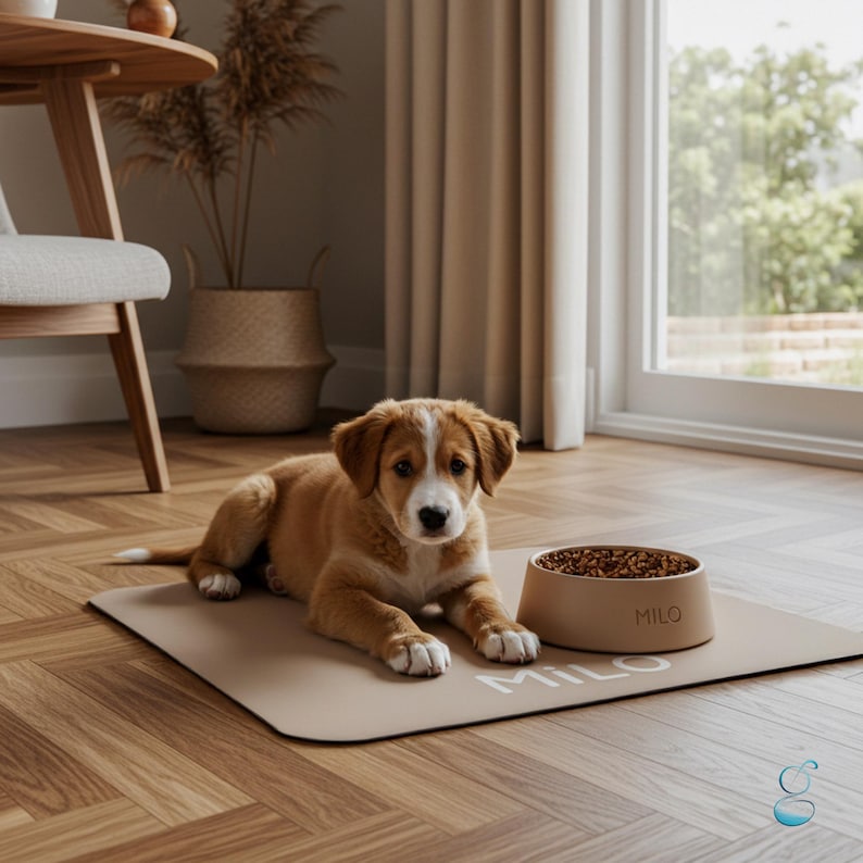 May include: A tan dog bed with the name "MILO" printed on it, with a matching food bowl. A puppy with brown and white fur is lying on the bed, looking at the camera. The food bowl is filled with dry dog food.