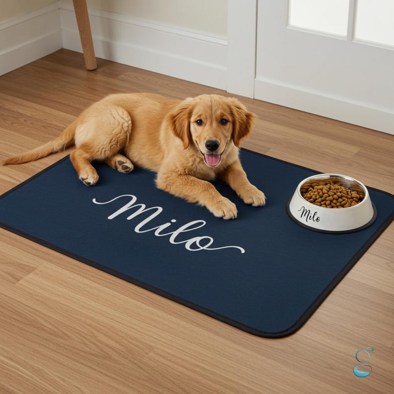 May include: A golden retriever puppy lies on a navy blue pet mat with the name "Milo" in white script. A white and silver dog bowl filled with kibble sits nearby. The mat has a black border.