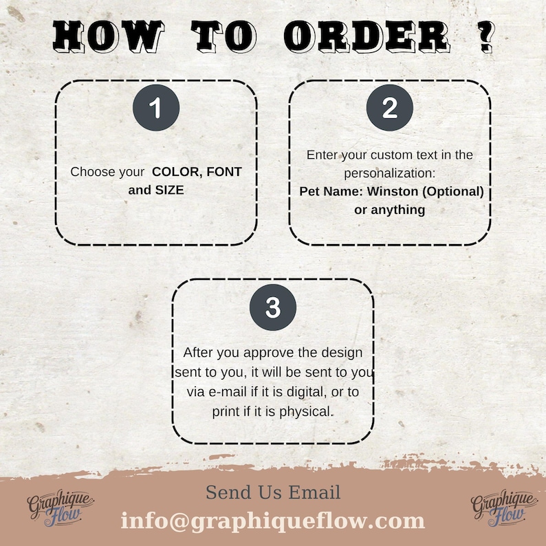 May include: An instructional graphic with the text "HOW TO ORDER?" outlines a three-step process. Step 1: Choose color, font, and size. Step 2: Enter custom text, including a pet's name. Step 3: Approve the design for digital or print delivery. The email address info@graphiqueflow.com is also included.